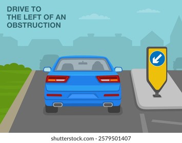 Safe driving tips and traffic regulation rules. Back view of a car passing the traffic island with illuminated bollard. Drive to the left of an obstruction. Flat vector illustration template.