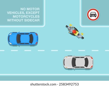 Safe driving tips and traffic regulation rules. No motor vehicles, except motorcycles without sidecar. Top view of a t-junction with traffic flow. Flat vector illustration template.