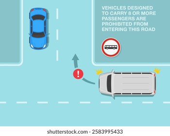 Safe driving tips and traffic regulation rules. No buses sign area. Top view of a passenger van turning on t-junction. Flat vector illustration template.