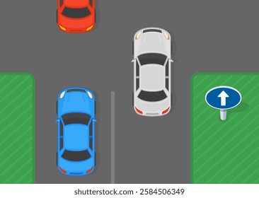 Safe driving tips and traffic regulation rules. Top view of a traffic flow in intersection. "Go straight" road sign area. Flat vector illustration template.