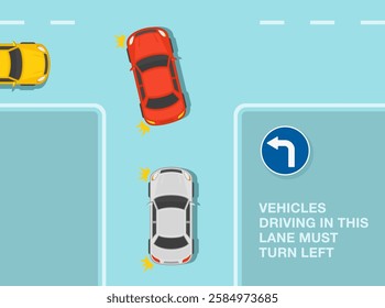 Safe driving tips and traffic regulation rules. European "Turn left only" road sign meaning. Traffic flow turns left in t-intersection. Top view. Flat vector illustration template.