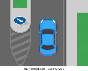 Safe driving tips and traffic regulation rules. "Keep to the right" sign on divided island. Top view of a blue car on road. Flat vector illustration template.