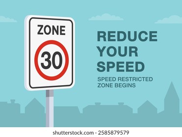 Safe driving tips and traffic regulation rules. Close-up of european "speed limit zone" sign meaning. Reduce speed, speed restricted zone begins. Flat vector illustration template.