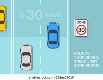 Safe driving tips and traffic regulation rules. "Speed limit zone" sign area. Top view of a traffic flow on roadway. Flat vector illustration template.