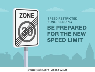 Safe driving tips and traffic regulation rules. Close-up of european "End of speed limit zone" sign meaning. Speed restricted zone is ending. Flat vector illustration template.