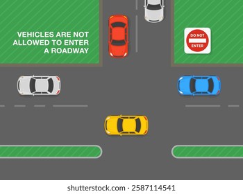 Safe driving tips and traffic regulation rules. United States "no entry" sign meaning. Top view of a traffic flow. Vehicles are not allowed to enter the roadway. Flat vector illustration template.