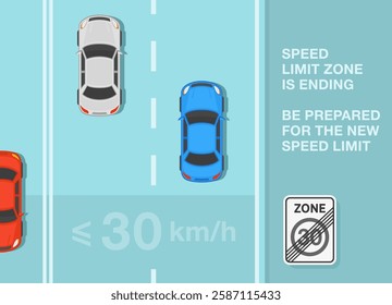 Safe driving tips and traffic regulation rules. "End of speed limit zone" sign area. Top view of a traffic flow on roadway. Flat vector illustration template.