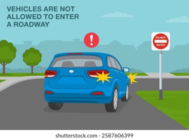 Safe driving tips and traffic regulation rules. United States "no entry" sign meaning. Back view of a car. Vehicles are not allowed to enter the roadway. Flat vector illustration template.