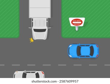 Safe driving tips and traffic regulation rules. Top view of a traffic flow in intersection. "No entry" road sign area. Flat vector illustration template.