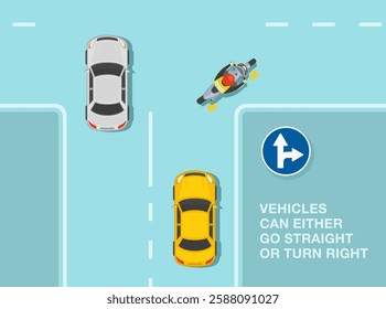 Safe driving tips and traffic regulation rules. European "Go straight or turn right" road sign. Top view of a traffic flow in intersection. Flat vector illustration template.