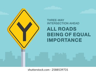 Safe driving tips and traffic regulation rules. Close-up of United States "y-intersection ahead" sign meaning. Three-way junction ahead. Flat vector illustration template.