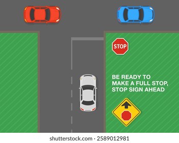 Safe driving tips and traffic regulation rules. United States "stop ahead" sign meaning. Top view of a traffic flow. Be ready to make a full stop. Flat vector illustration templat