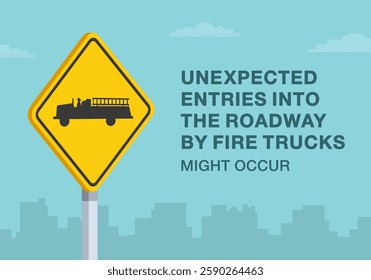 Safe driving tips and traffic regulation rules. Close-up of United States "fire station" sign meaning. Unexpected entires into the roadway by fire trucks. Flat vector illustration template.