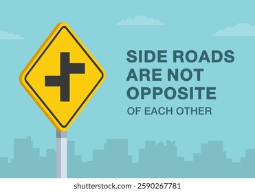 Safe driving tips and traffic regulation rules. Close-up of United States "offset side roads" sign meaning. Side roads are not opposite. Flat vector illustration template.