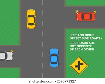 Safe driving tips and traffic regulation rules. Close-up of United States "Offset side roads" sign meaning. Top view of a left and right offset side roads. Flat vector illustration template.