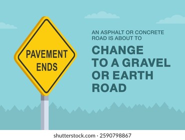 Safe driving tips and traffic regulation rules. Close-up of United States "Pavement ends" sign meaning. Road is about to change to a gravel or earth road. Flat vector illustration template.