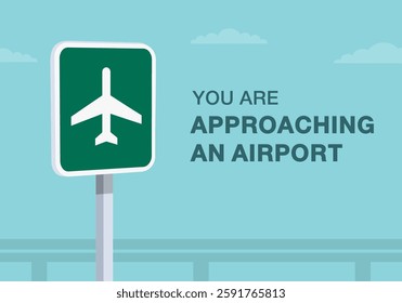 Safe driving tips and traffic regulation rules. Close-up of United States "Airport" sign meaning. You are approaching an airport. Flat vector illustration template.