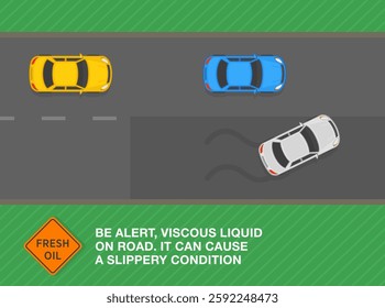 Safe driving tips and traffic regulation rules. United States "fresh oil" sign meaning. Top view of a car skidding on a new pavement. Flat vector illustration template.