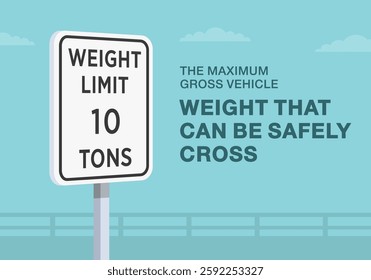 Safe driving tips and traffic regulation rules. Close-up of United States "weight limit 10 tons" sign meaning. Maximum vehicle weight that can be safely cross. Flat vector illustration template.