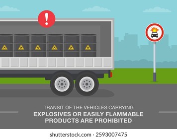 Safe driving tips and traffic regulation rules. "No vehicles carrying explosive or inflammables" sign rule. Side view of a semi-trailer transporting barrels. Flat vector illustration template.
