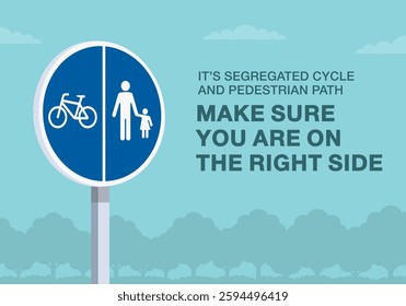 Safe driving tips and traffic regulation rules. Close-up of european "segregated bicycle and pedestrian path" sign meaning. Make sure you are on the right side. Flat vector illustration template.