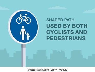 Safe driving tips and traffic regulation rules. Close-up of european "shared bicycle and pedestrian path" sign meaning. Used by both cyclists and pedestrians. Flat vector illustration template.