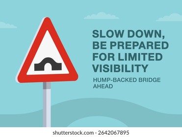 Safe driving tips and traffic regulation rules. Close-up of British "hump bridge ahead" sign meaning. Be prepared for limited visibility. Flat vector illustration template.