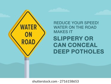Consejos de conducción segura y reglas de regulación de tráfico. Primer plano del significado del signo de "agua en la carretera" de Estados Unidos. El agua hace que el camino sea resbaladizo o puede ocultar baches. Plantilla de Ilustración vectorial plana.