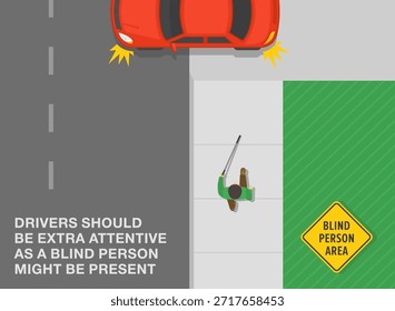 Consejos de conducción segura y reglas de regulación de tráfico. Área de personas ciegas. Vista superior de un peatón con paseos de caña en la acera. Coche rojo gira desde la entrada. Plantilla de Ilustración vectorial plana.
