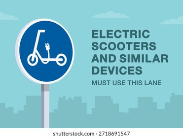 Consejos de conducción segura y reglas de regulación de tráfico. Primer plano del significado del signo europeo "carretera para dispositivos de movilidad personal". Los scooters y dispositivos similares deben utilizar este carril. Ilustración vectorial plana.