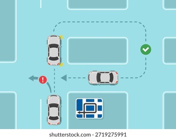 Consejos de conducción segura y reglas de regulación de tráfico. Área de señalización de ruta alternativa. Correcto, conducción incorrecta donde el giro a la izquierda está prohibido en una intersección. Vista superior. Plantilla de Ilustración vectorial plana.