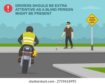 Consejos de conducción segura y reglas de regulación de tráfico. Área de personas ciegas. Los peatones usan el bastón para caminar por la acera. Vista trasera de una motocicleta gira a la derecha en una intersección. Plantilla de Ilustración vectorial plana