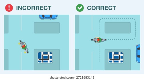 Consejos de conducción segura y reglas de regulación de tráfico. Correcto, conducción incorrecta donde el giro a la izquierda está prohibido en una intersección. Vista superior de un motociclista. Plantilla de Ilustración vectorial plana.