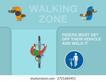 Consejos de conducción segura y reglas de regulación de tráfico. Zona europea de señales de "desmontar y continuar a pie". Vista superior de un jinete caminando en su bicicleta. Plantilla de Ilustración vectorial plana.