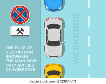 Dicas de condução segura e regras de regulação de tráfego. A regra ou restrição mostrada no sinal principal só se aplica em dias da semana. Carros estacionados no fim de semana. Vista superior. Modelo de ilustração de vetor plano.