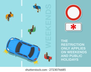 Dicas de condução segura e regras de regulação de tráfego. A restrição só se aplica aos fins de semana e feriados. As pessoas estão descendo a rua. O carro vira. Vista superior. Ilustração de vetor plano.