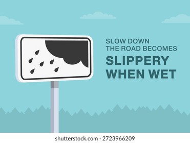 Sichere Fahrtipps und Verkehrsregeln. Nahaufnahme der Bedeutung des europäischen "Wet Cover"-Zeichens. Die Straße wird bei Nässe rutschig. Flache Vektorgrafik-Vorlage.