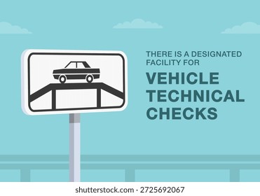 Sichere Fahrtipps und Verkehrsregeln. Nahaufnahme des europäischen Zeichens "Ort der Kfz-Inspektion". Ausgewiesene Einrichtung für technische Kontrollen. Flache Vektorgrafik-Vorlage.