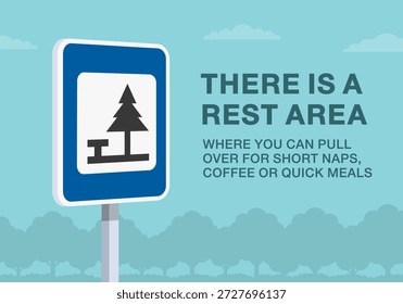 Consejos de conducción segura y reglas de regulación de tráfico. Primer plano del significado del signo europeo "área de picnic o descanso". Puede detenerse para tomar siestas cortas, tomar café o comidas rápidas. Plantilla de Ilustración vectorial plana.