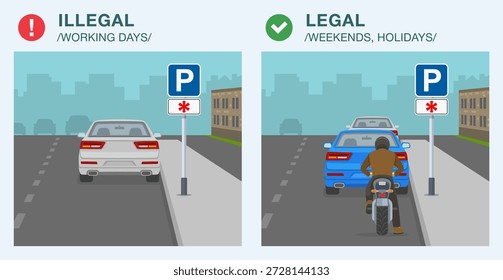 Consejos de conducción segura y reglas de regulación de tráfico. El estacionamiento es legal los fines de semana y días festivos. Vista trasera de los coches y la motocicleta estacionados en la acera. Plantilla de Ilustración vectorial plana.
