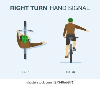 Safe driving tips and traffic regulation rules. Isolated cyclist showing right turn hand signal. Back and top view. Flat vector illustration template.