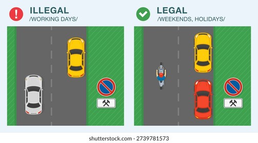 Safe driving tips and traffic regulation rules. Legal and illegal parking. No parking on workdays. Top view of cars parked at curb. Flat vector illustration template.