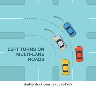 Safe driving tips and traffic regulation rules. Left turns on multi-lane roads. Top view of a traffic flow on intersection. Correct smooth turn. Flat vector illustration template.