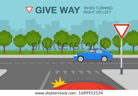 Safe driving tips and traffic regulation rules. Right of way at T-intersection with give way sign. Car is about to turn left on the street. Flat vector illustration template.