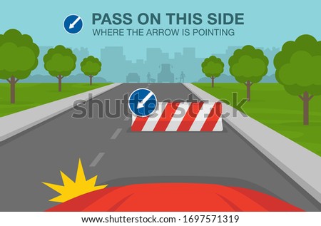 Safe driving tips and traffic regulation rules. Car is about to turn left on the street. Pass on this side road sign. Flat vector illustration template.