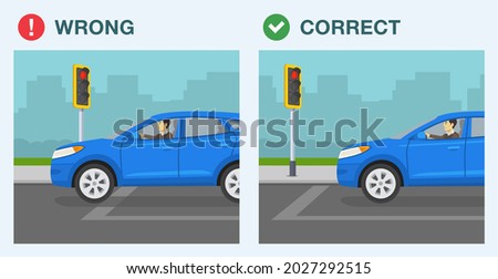 Safe driving tips and traffic regulation rules. Stop line rule. Blue suv car stopped at red traffic light. Side view. Flat vector illustration template.