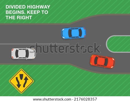 Safe driving tips and traffic regulation rules. Divided highway begins, keep to the right. Road sign meaning. Top view of a city road. Flat vector illustration template.