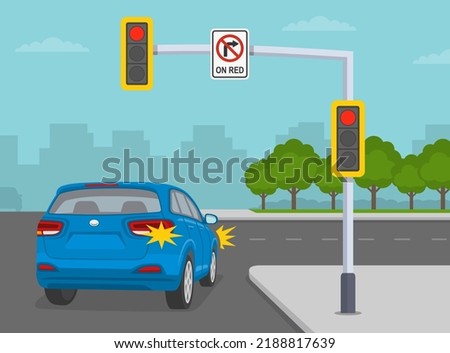 Safe driving tips and traffic regulation rules. Give way rules at traffic lights. Suv car making the right turn on "no turn on red" sign. Back view. Flat vector illustration template.