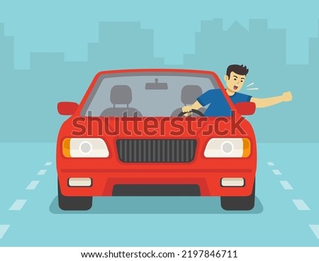 Safe driving tips and traffic regulation rules. Isolated front view of a yelling male driver. Young man leaning out the car window and shows his fist. Flat vector illustration template.
