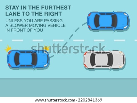 Safe driving tips and traffic regulation rules. Stay in the furthest lane to the right unless passing a slower moving vehicle. Blue sedan car is changing lane. Flat vector illustration template.